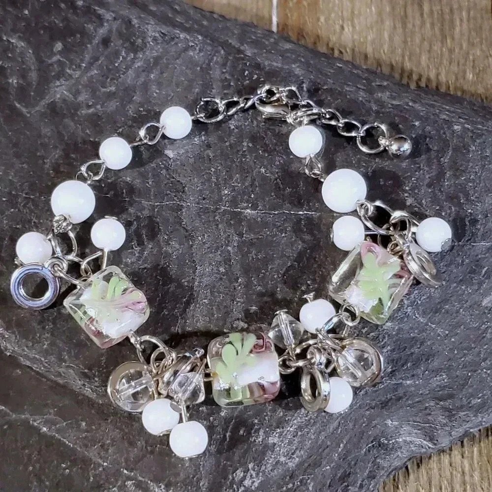 Vintage Murano Glass Beads White Silver Baubles Charm Bracelet Style C
